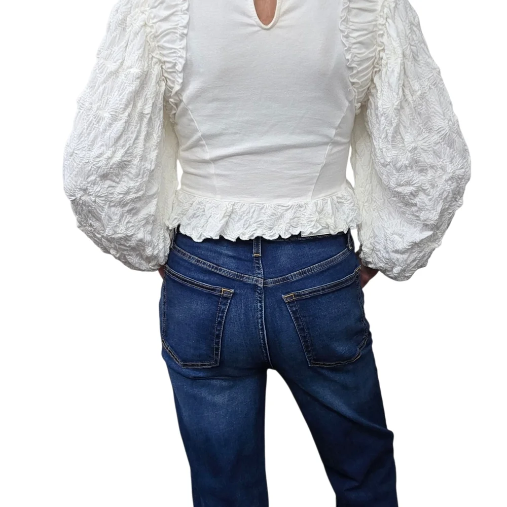 Free People White Ruffle Puff Sleeve Peplum Top Size M Coquette